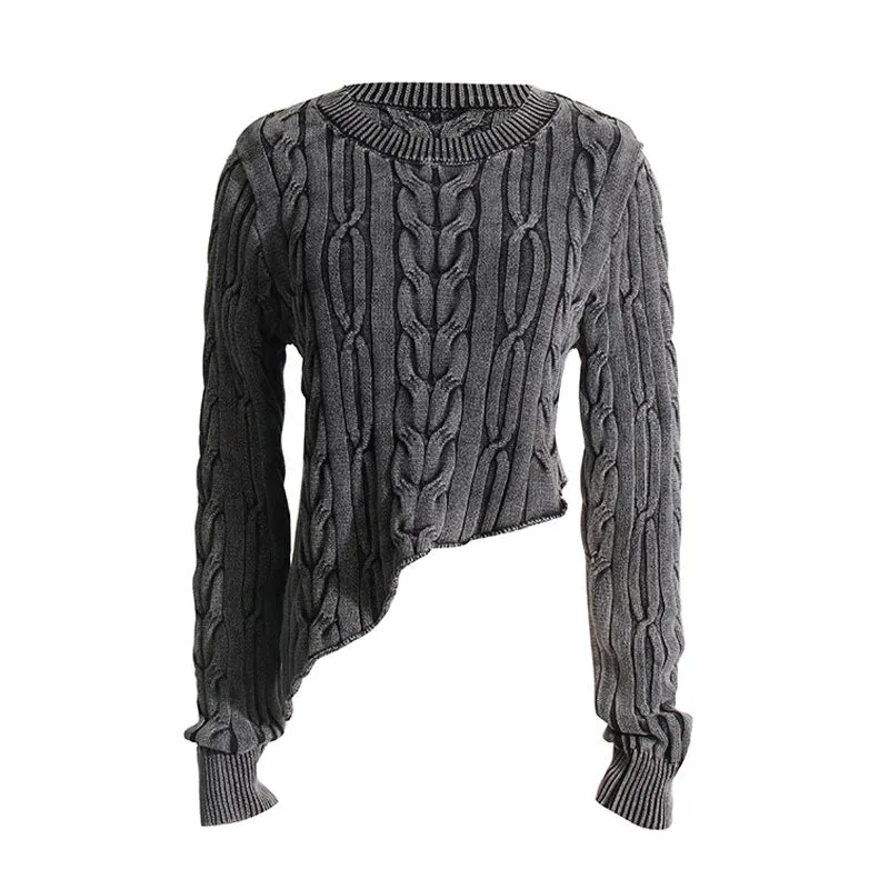 Asymmetrical Crew Neck Long Sleeve Washed Effect Cable Knit Pullover Sweater