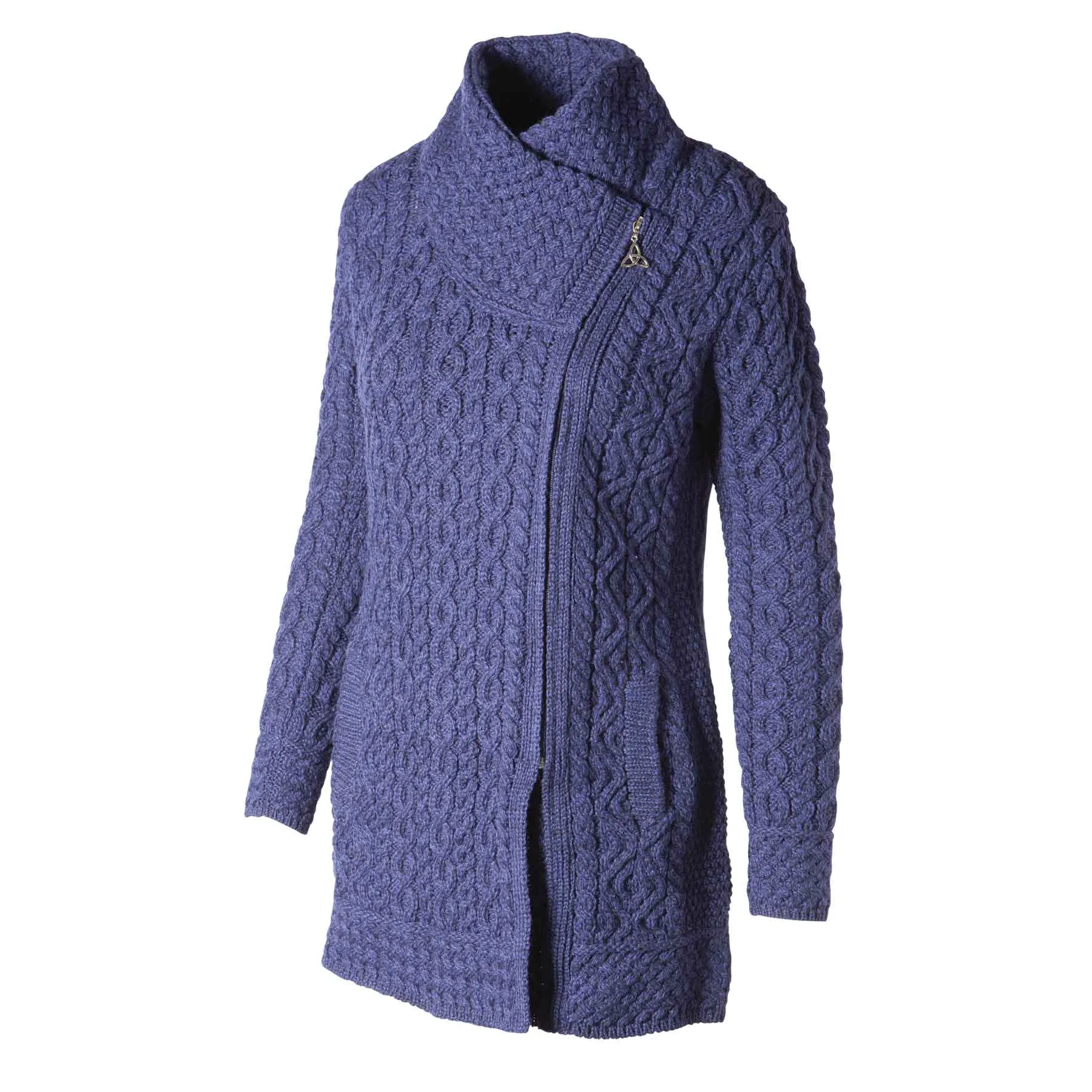 Athenry Asymmetric Side Zip Aran Knit Coat Jacket with Shawl Collar, Midnight Blue