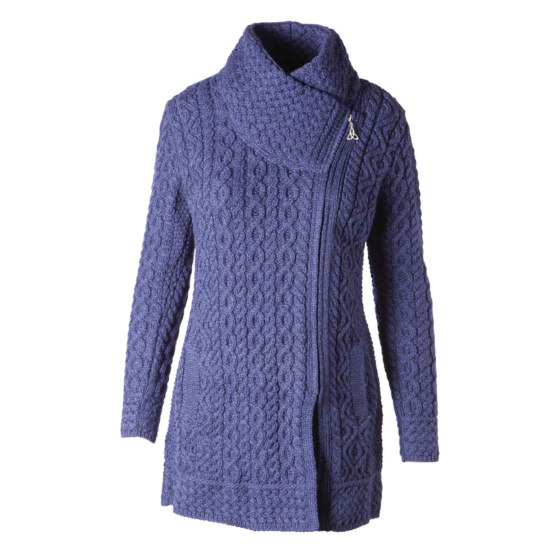 Athenry Asymmetric Side Zip Aran Knit Coat Jacket with Shawl Collar, Midnight Blue