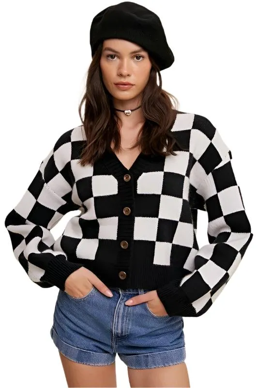 Bold Gingham Sweater Weaved Crop Cardigan