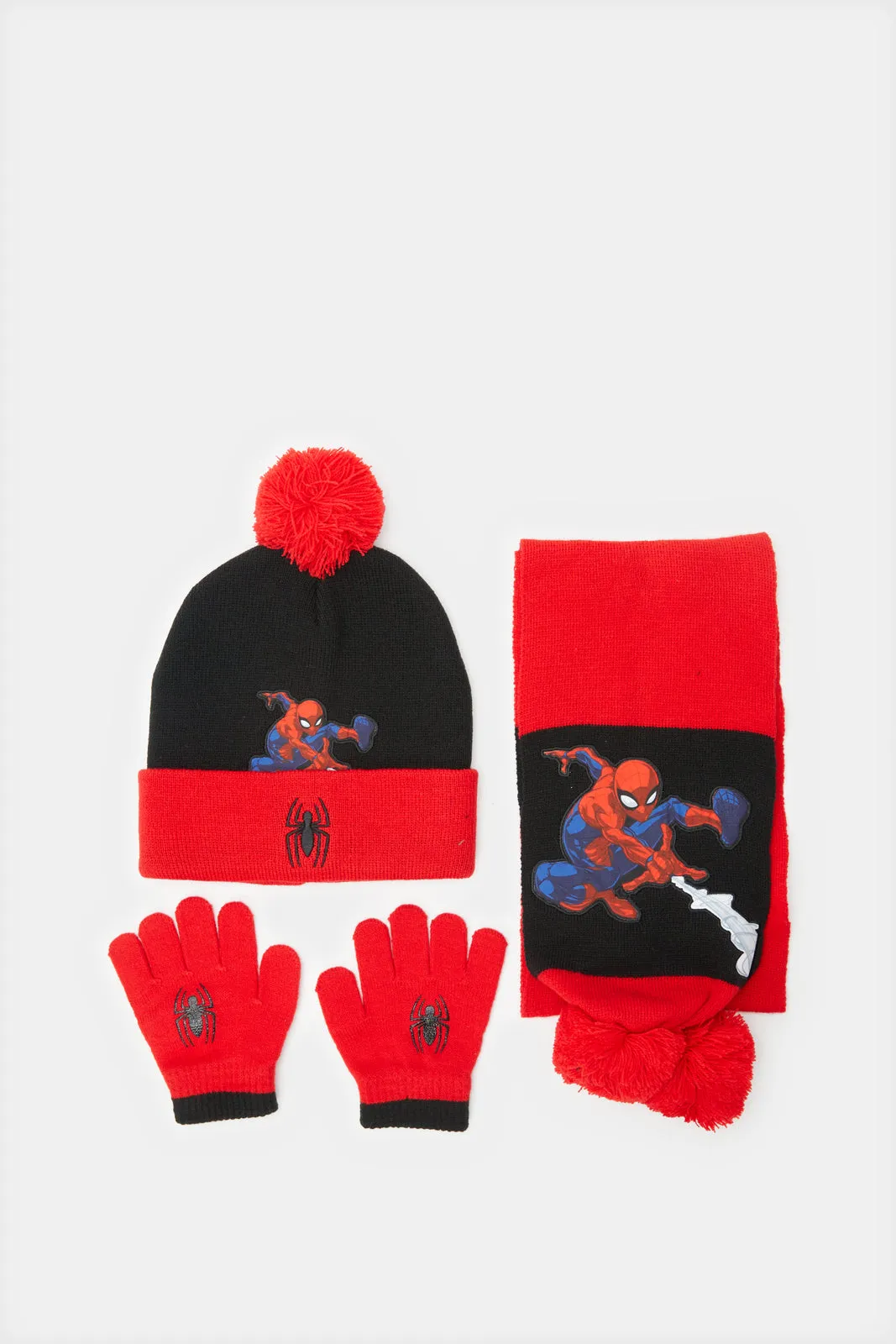 Boys Red Spider-Man Knitted Knitted Cap Set (3 Piece)