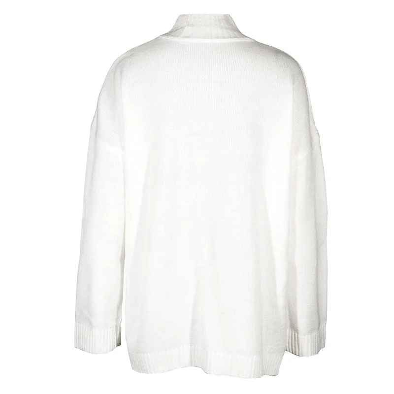 Comfy White High Neck Drop Shoulder Split Side Oversized Knit Sweater