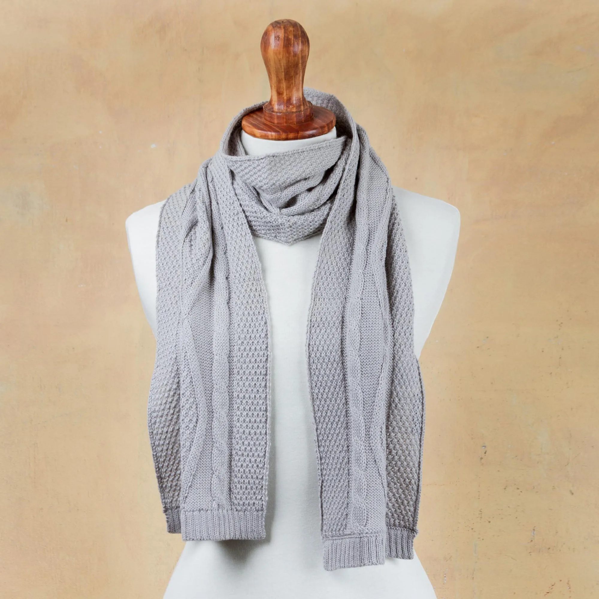 Dove Grey Braid Knitted Unisex Scarf in Dove Grey 100% Alpaca from Peru