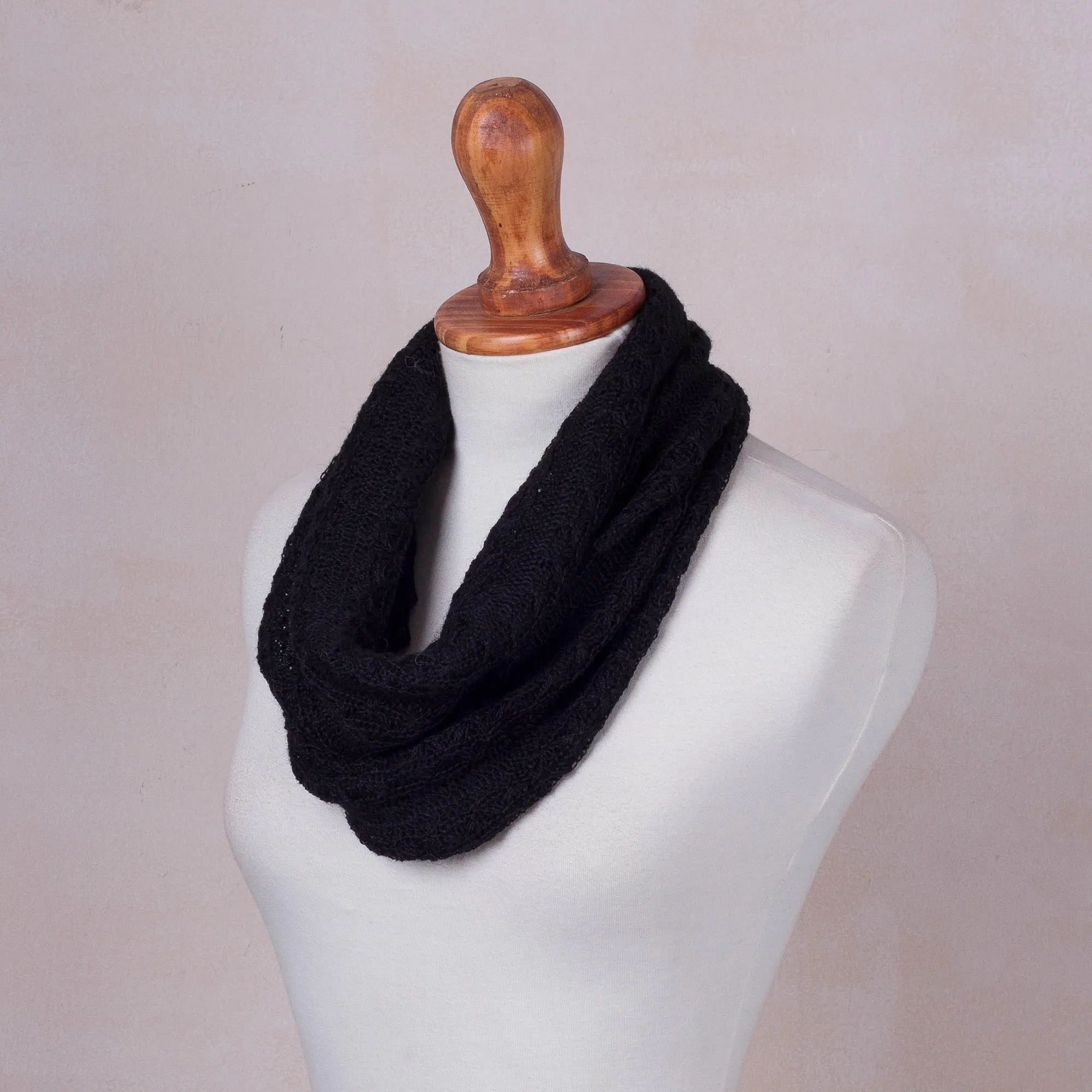 Ebony Intrigue Knitted Black Baby Alpaca Blend Neck Warmer from Peru