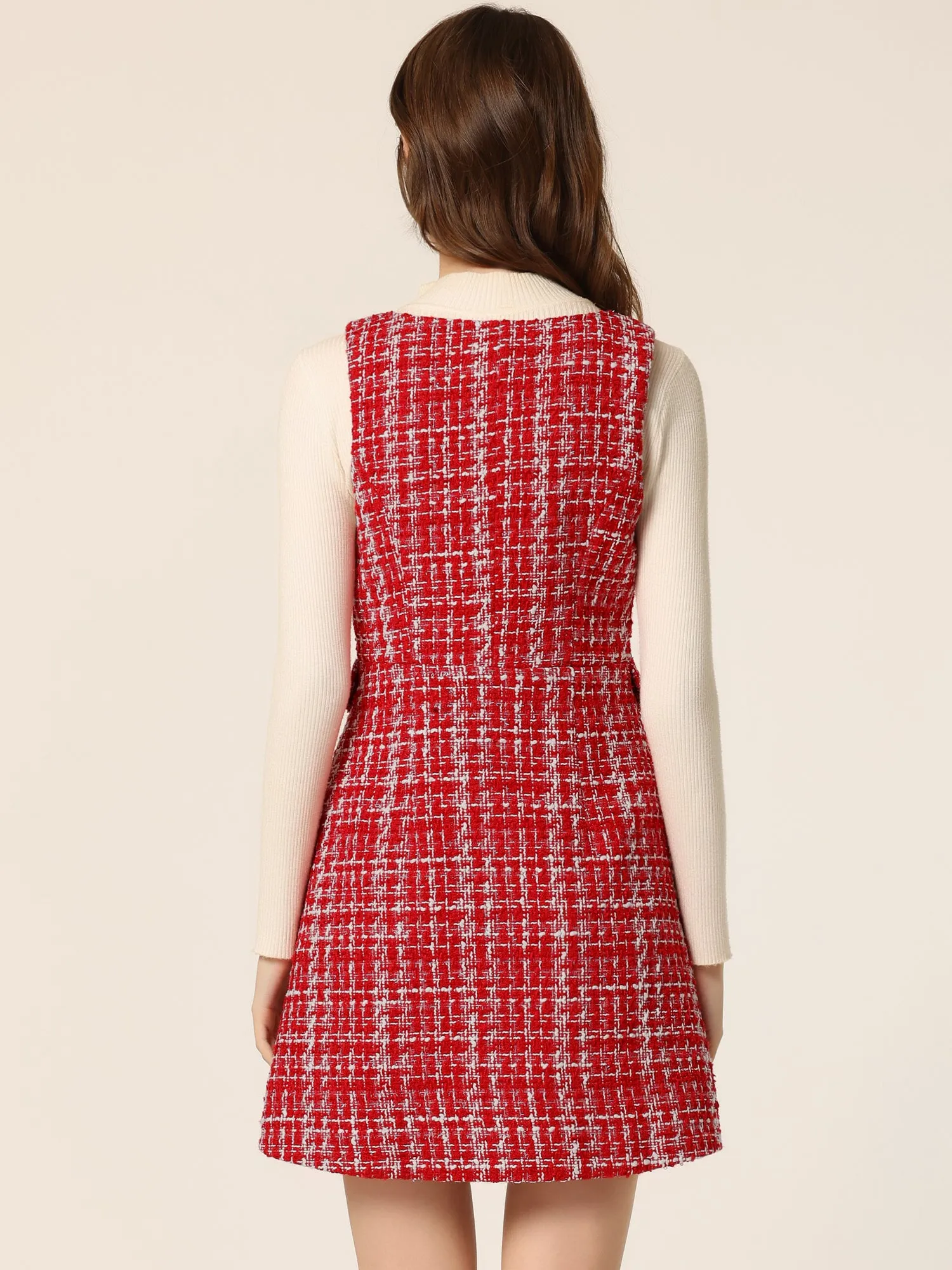 Elegant Button Front V Neck Plaid Tweed Overalls Pinafore Dress