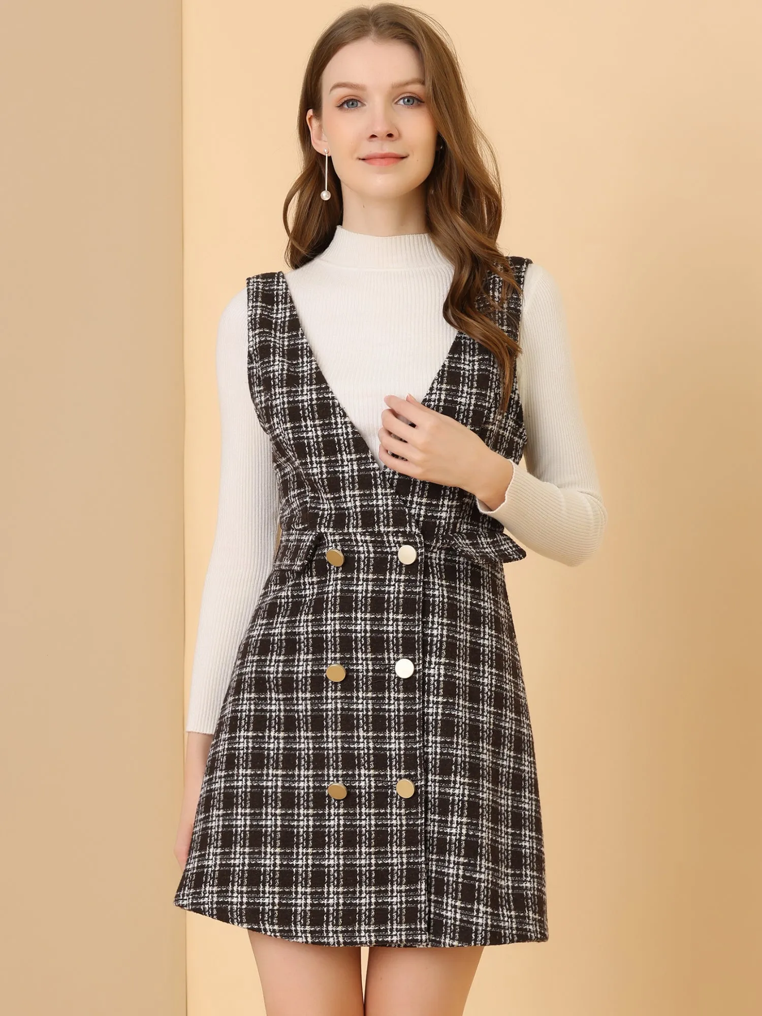 Elegant Button Front V Neck Plaid Tweed Overalls Pinafore Dress