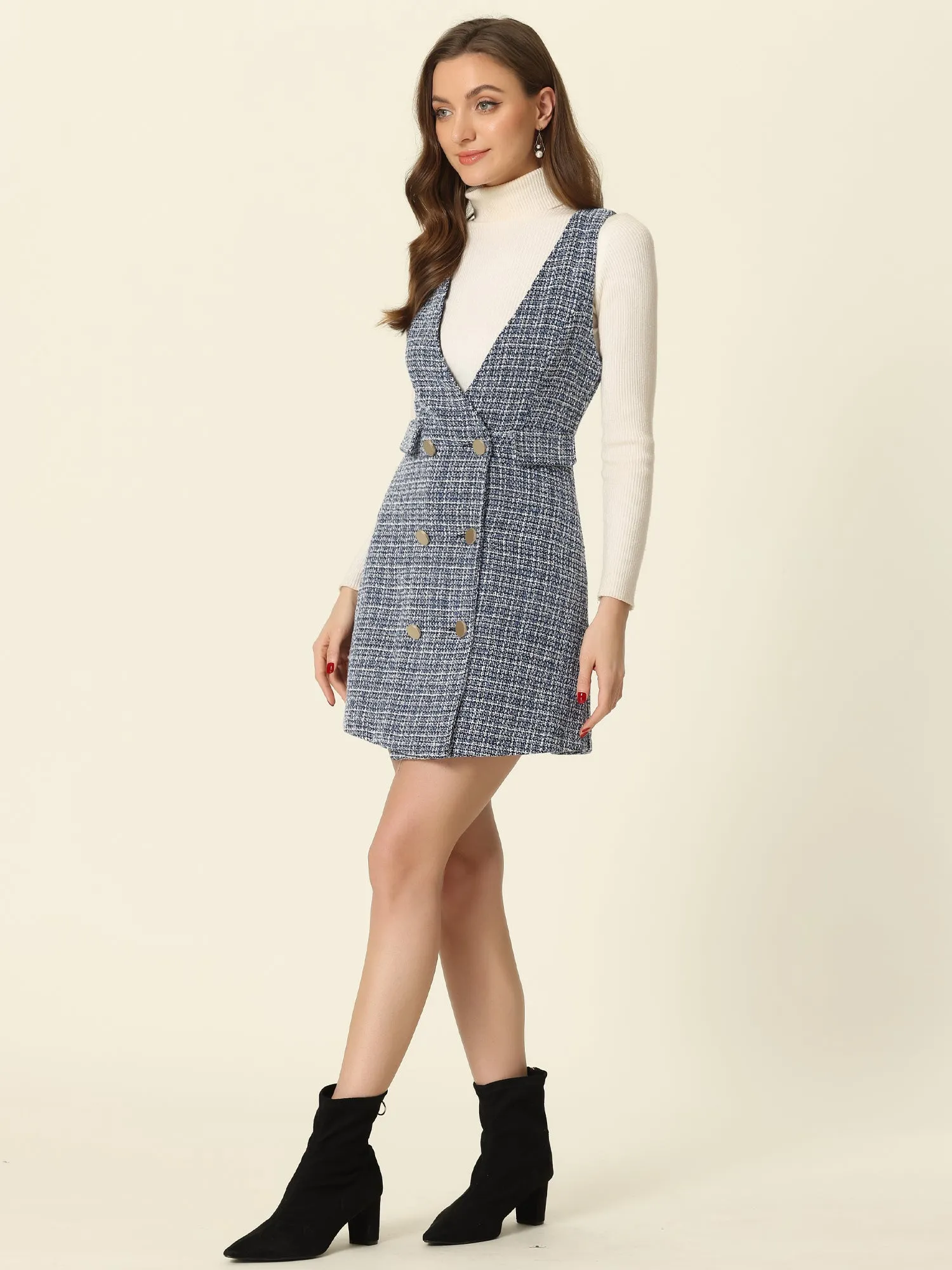 Elegant Button Front V Neck Plaid Tweed Overalls Pinafore Dress