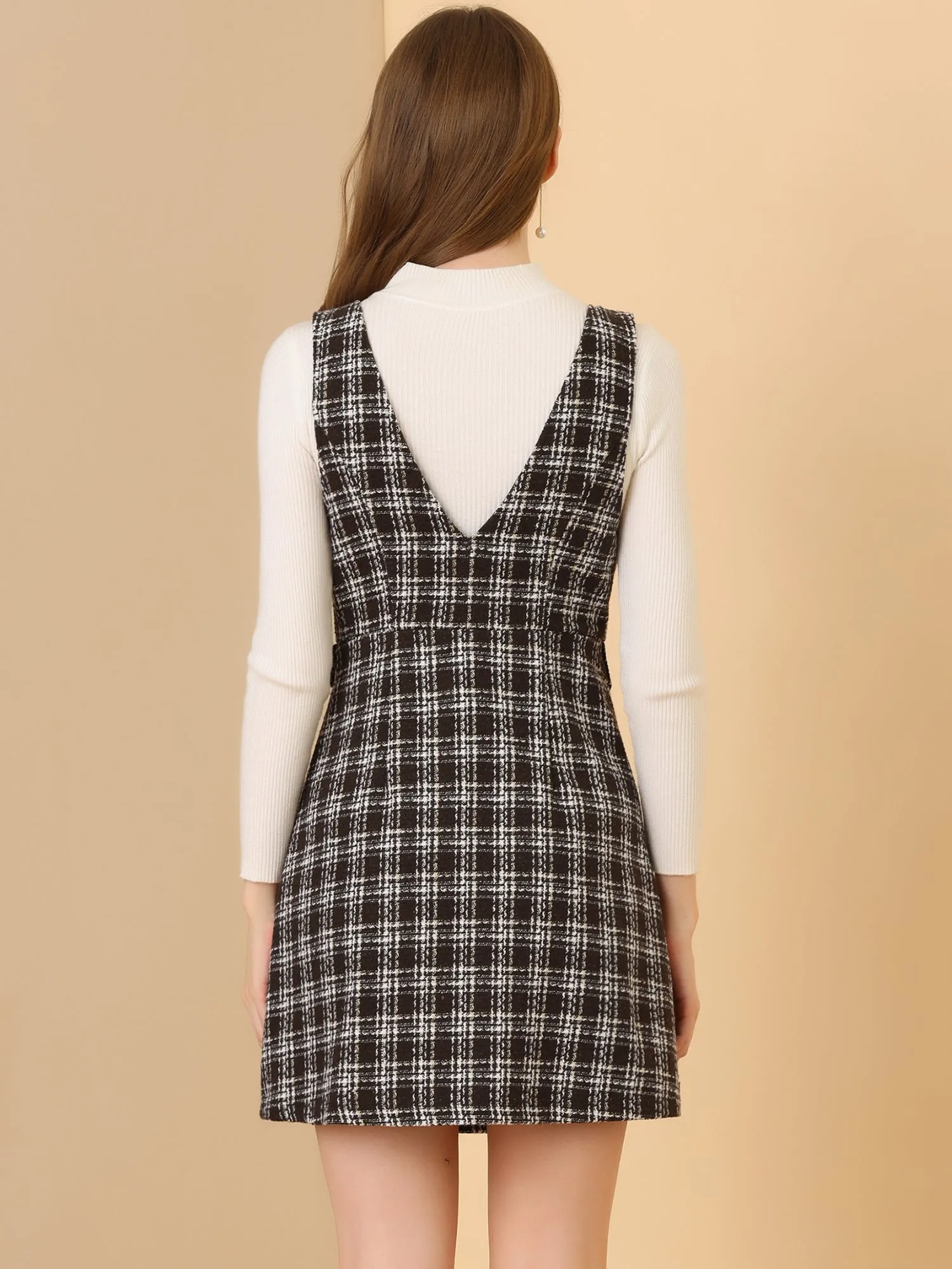 Elegant Button Front V Neck Plaid Tweed Overalls Pinafore Dress