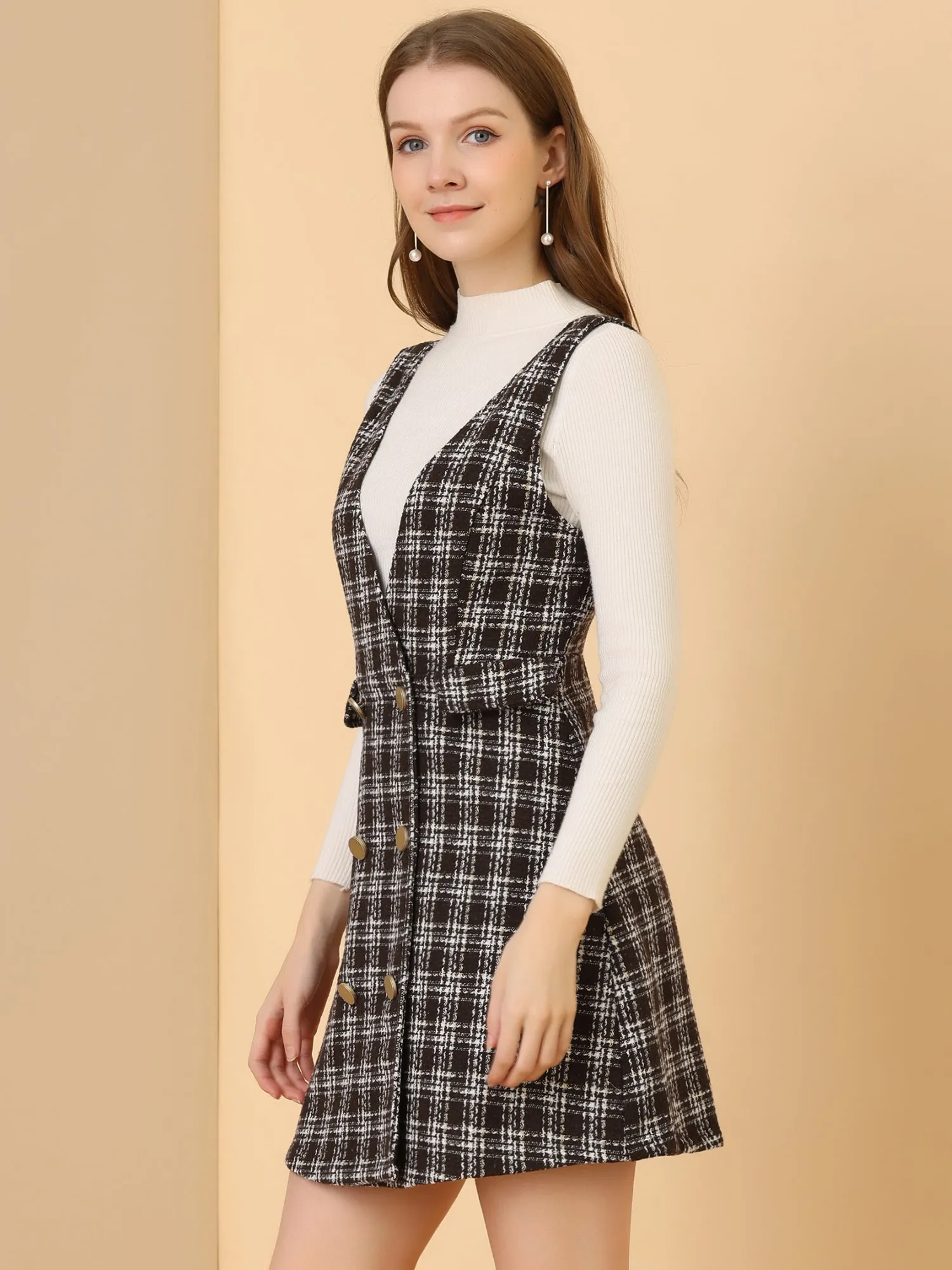 Elegant Button Front V Neck Plaid Tweed Overalls Pinafore Dress