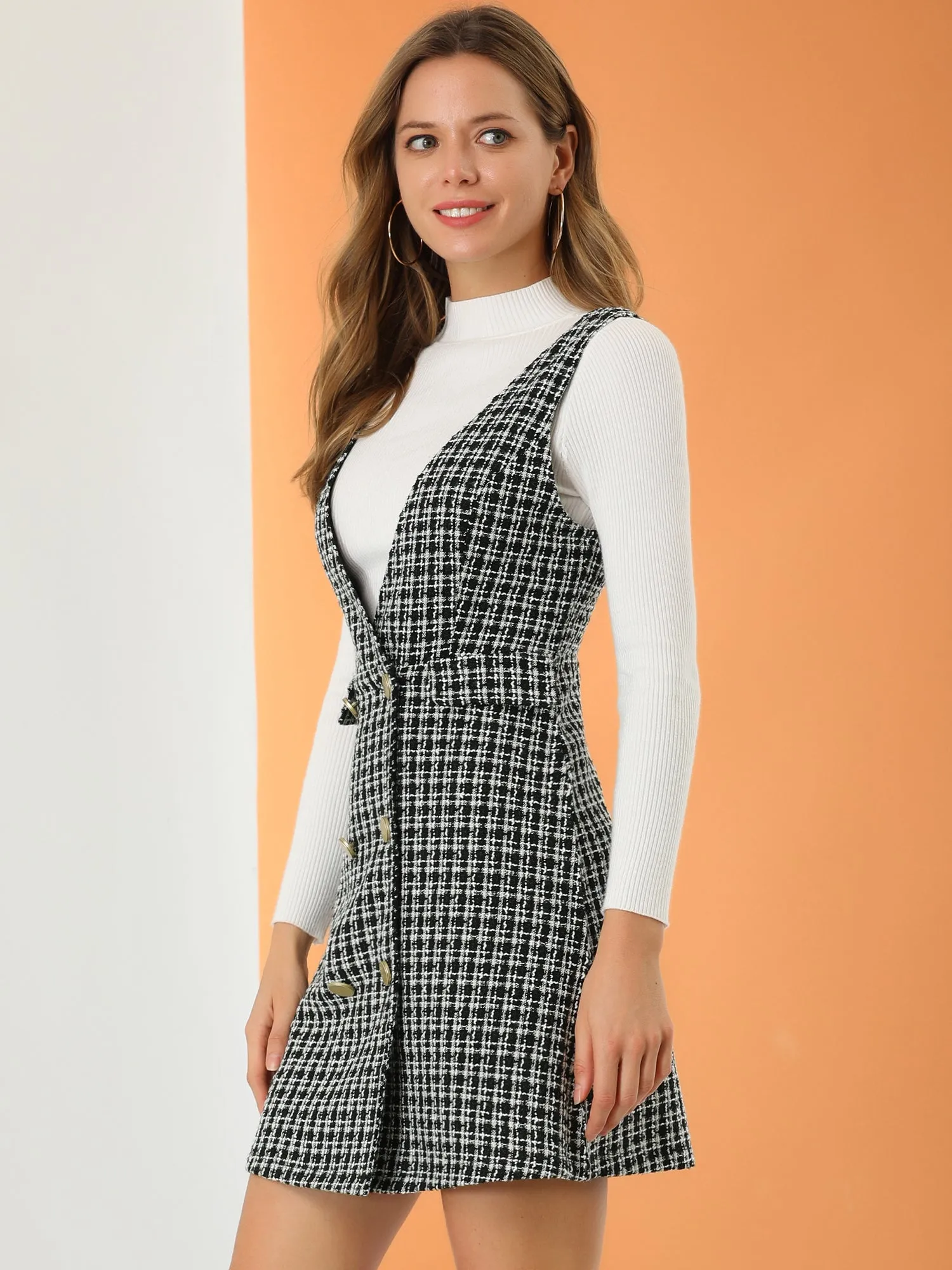 Elegant Button Front V Neck Plaid Tweed Overalls Pinafore Dress