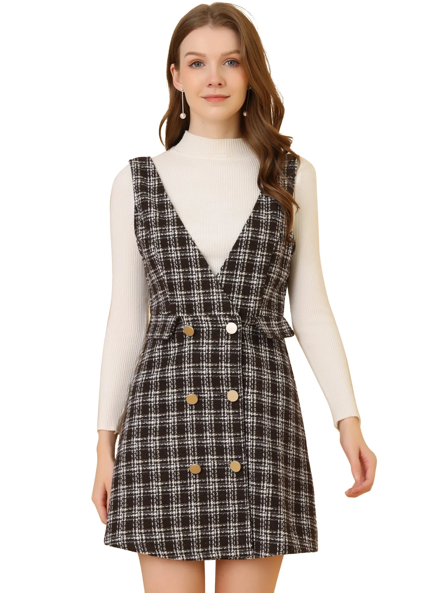 Elegant Button Front V Neck Plaid Tweed Overalls Pinafore Dress