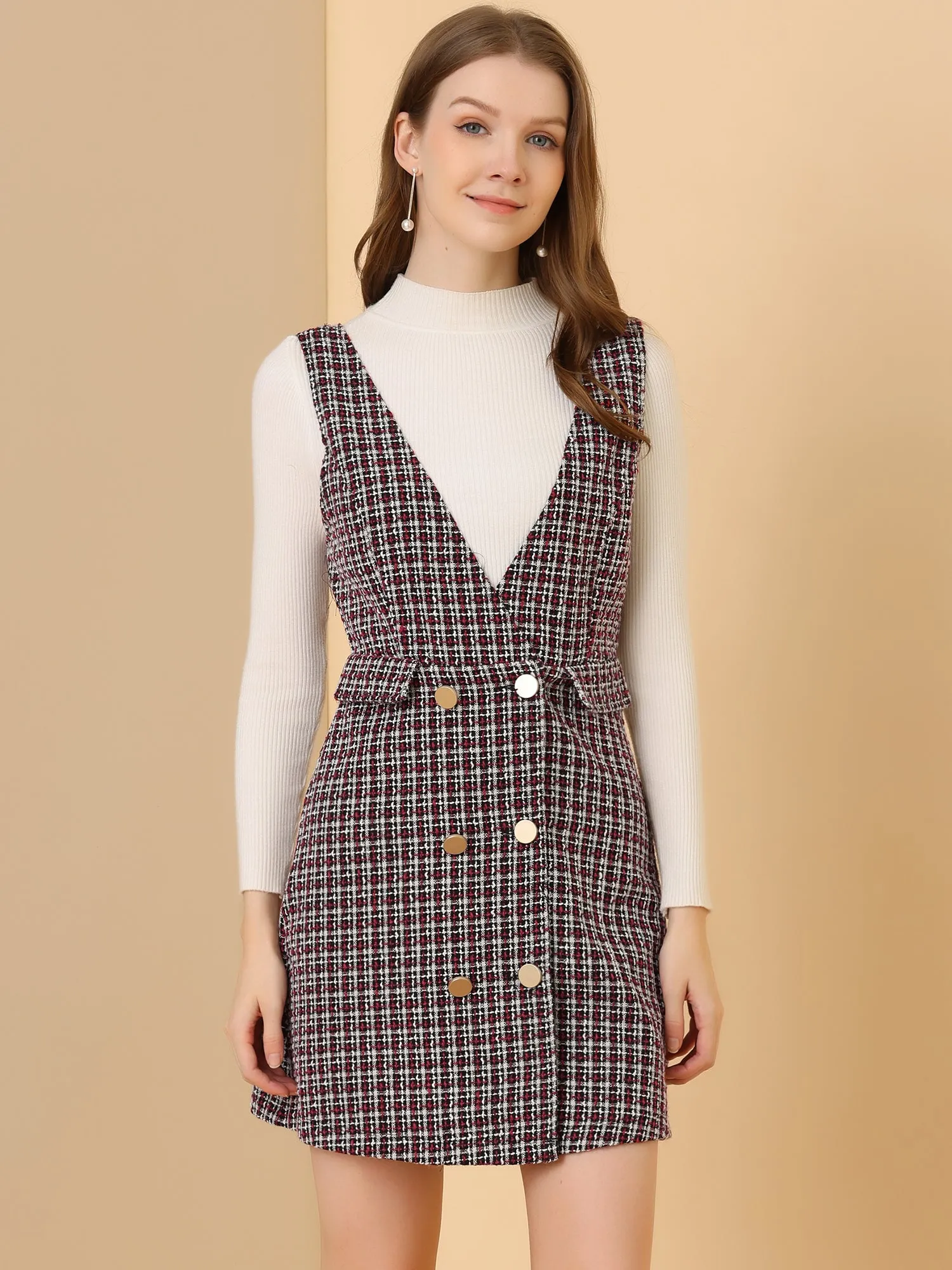 Elegant Button Front V Neck Plaid Tweed Overalls Pinafore Dress