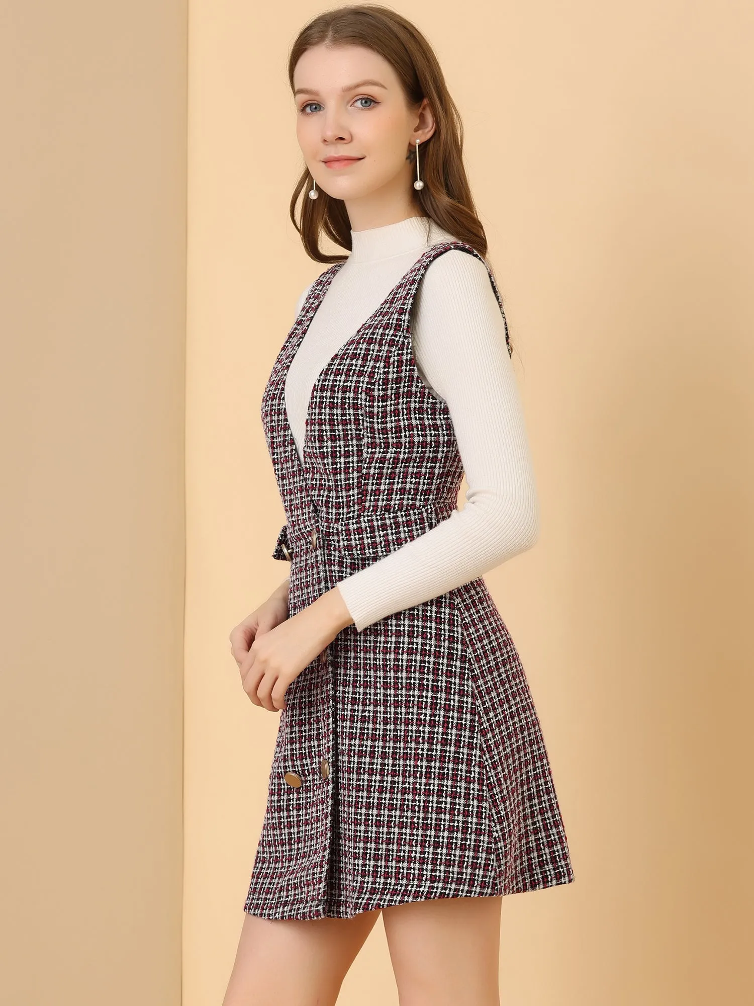 Elegant Button Front V Neck Plaid Tweed Overalls Pinafore Dress