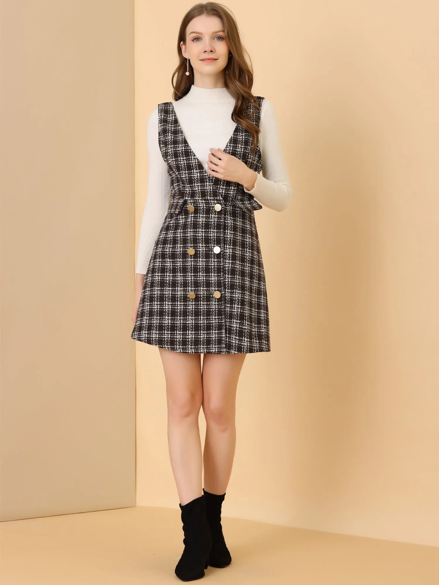 Elegant Button Front V Neck Plaid Tweed Overalls Pinafore Dress