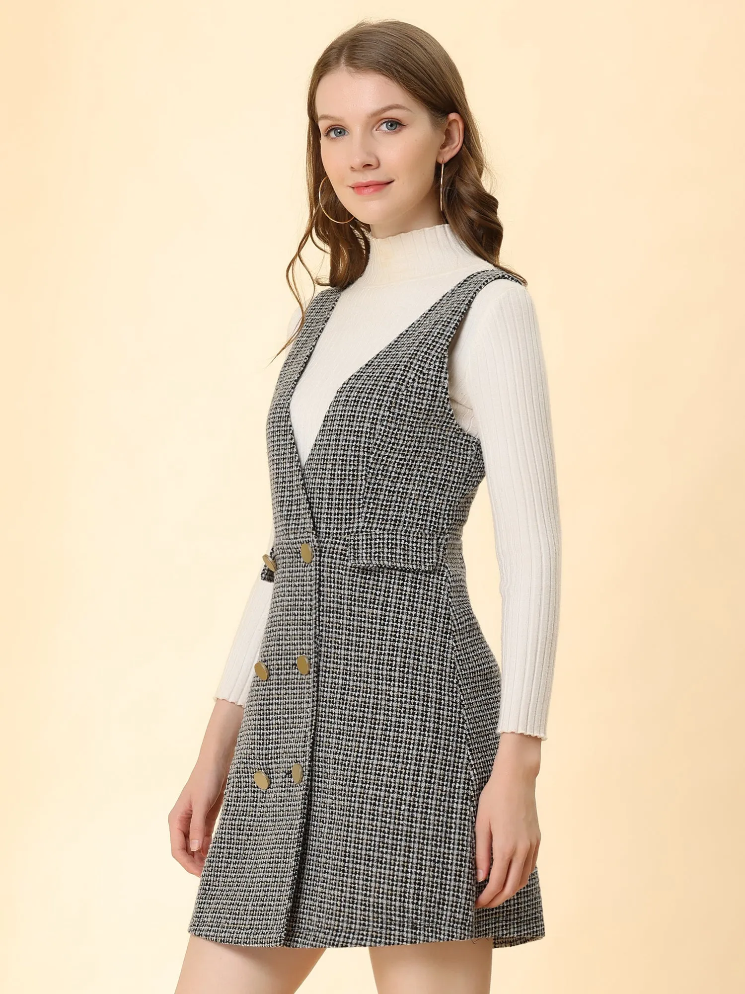 Elegant Button Front V Neck Plaid Tweed Overalls Pinafore Dress