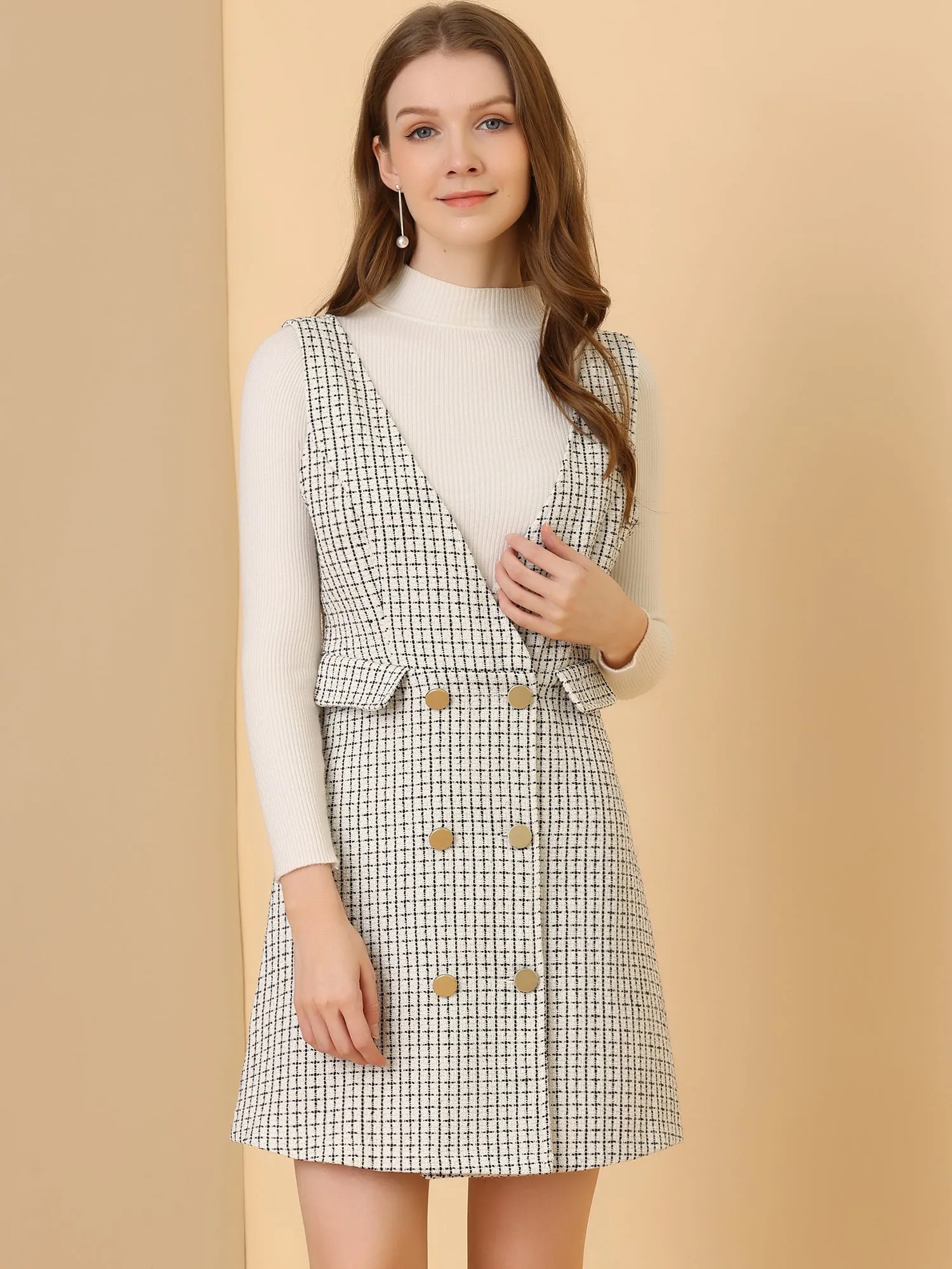 Elegant Button Front V Neck Plaid Tweed Overalls Pinafore Dress