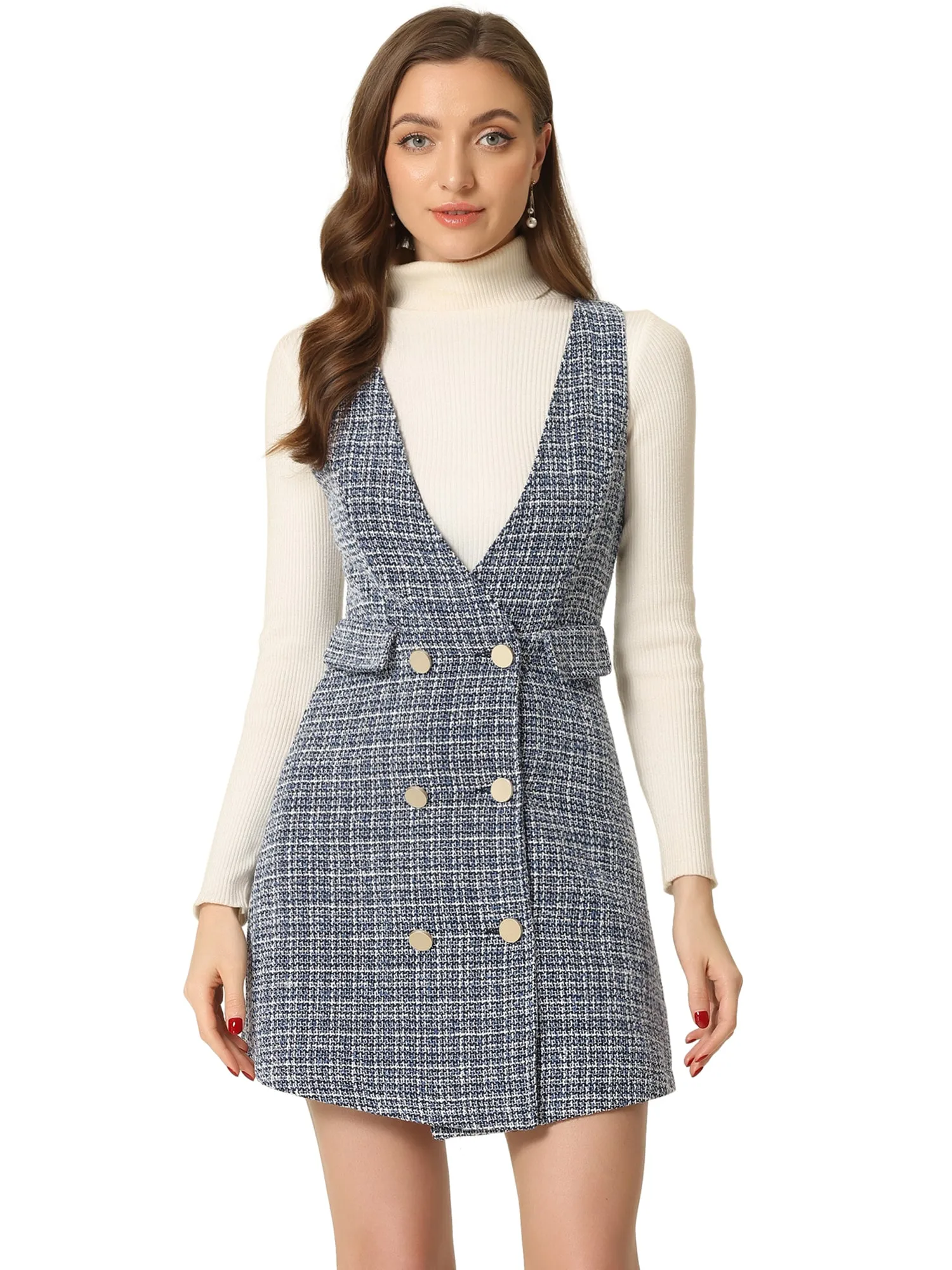 Elegant Button Front V Neck Plaid Tweed Overalls Pinafore Dress