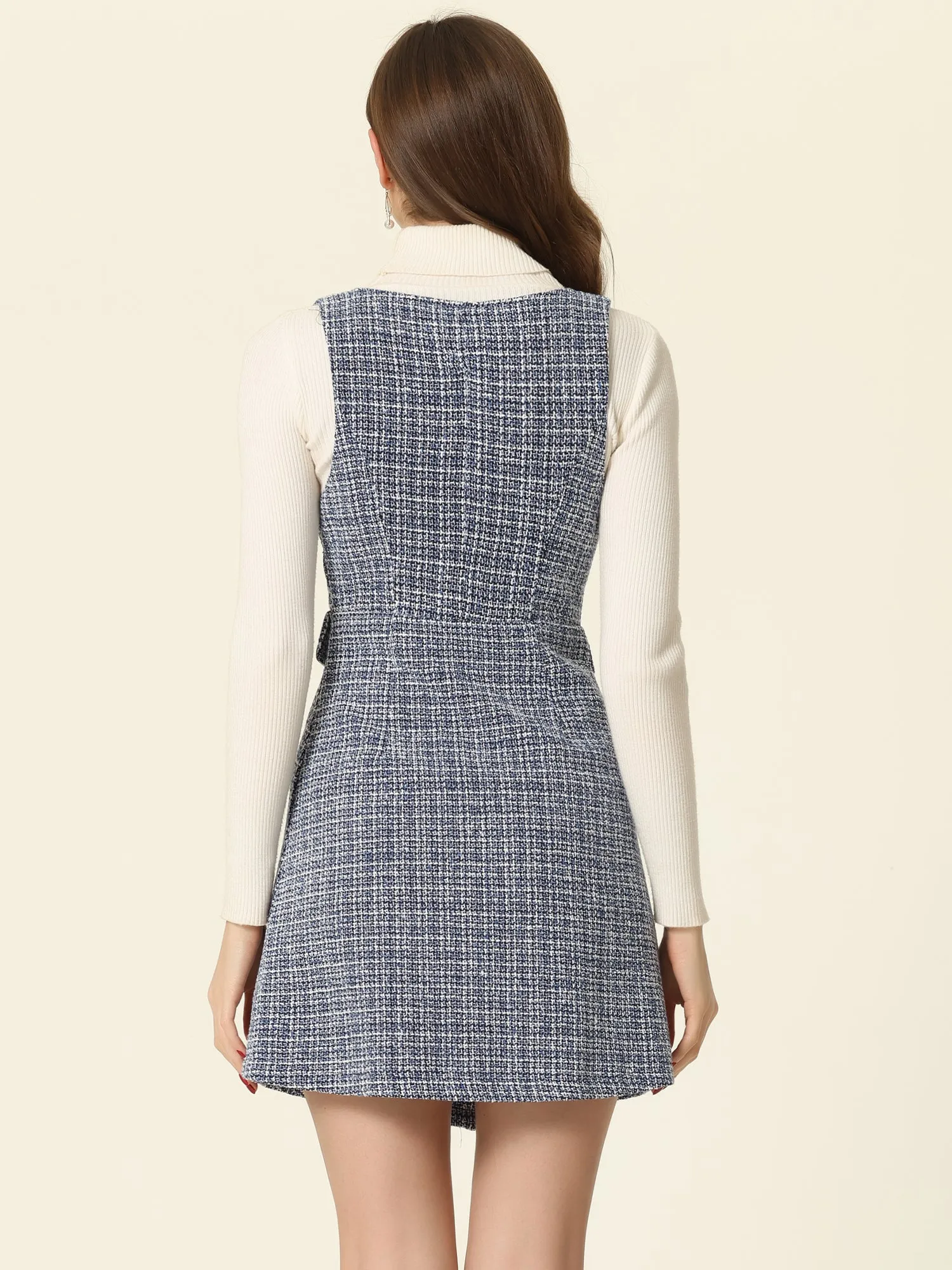 Elegant Button Front V Neck Plaid Tweed Overalls Pinafore Dress