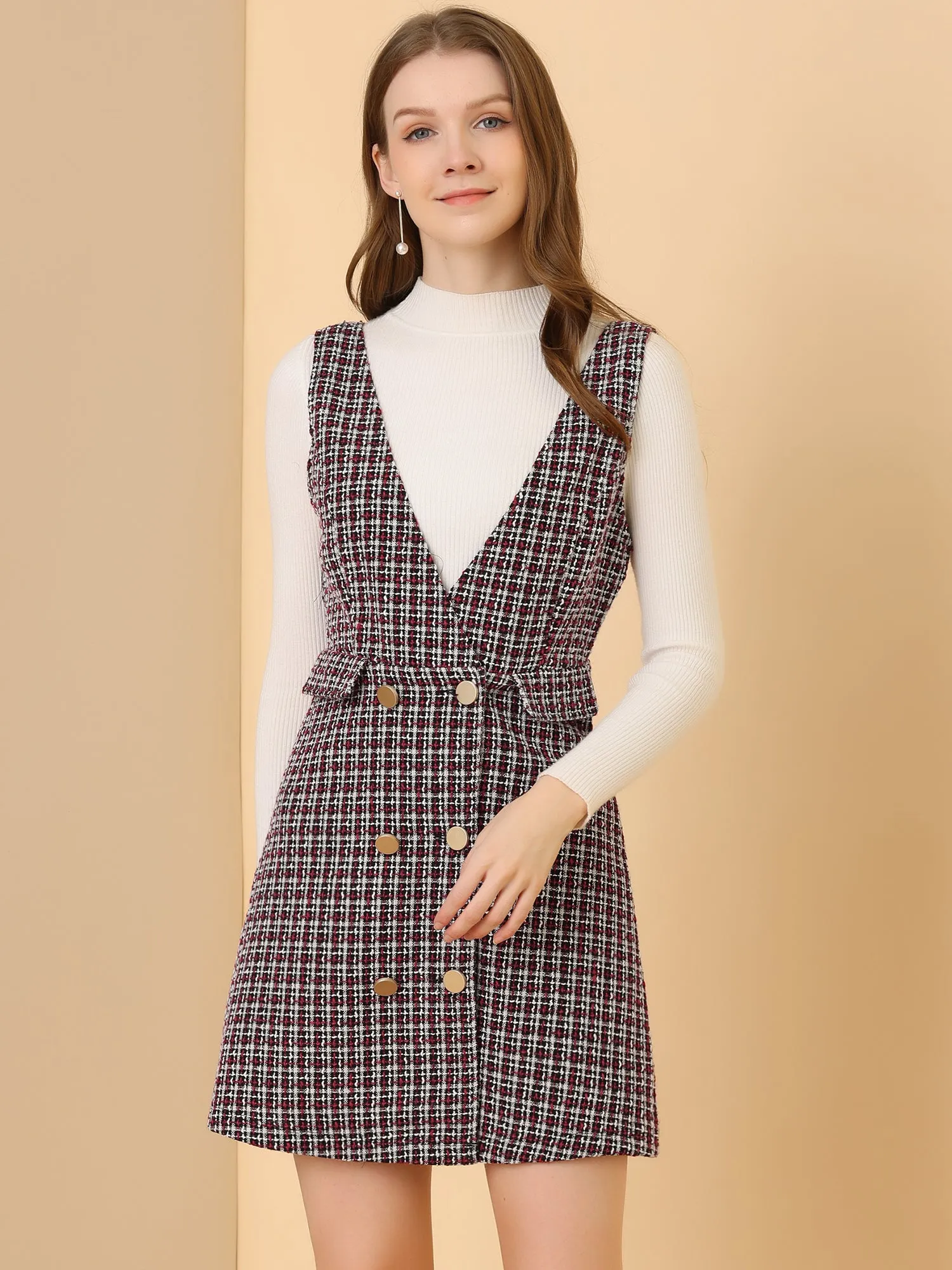 Elegant Button Front V Neck Plaid Tweed Overalls Pinafore Dress