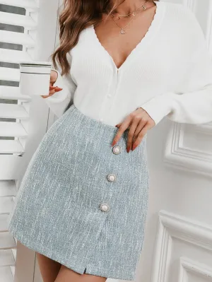 Elegant Plain Button High Waist Short Women Skirt