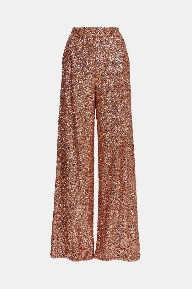 Essentiel Antwerp - Entry Sequin-Embellished Wide Leg Pants: Tiger Blossom