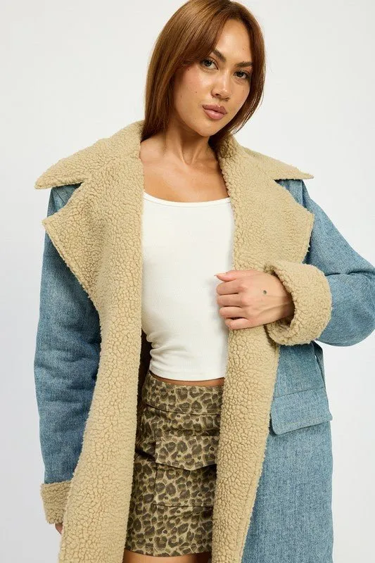 Faux Shearling Denim Coat