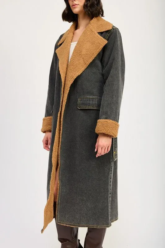 Faux Shearling Denim Coat