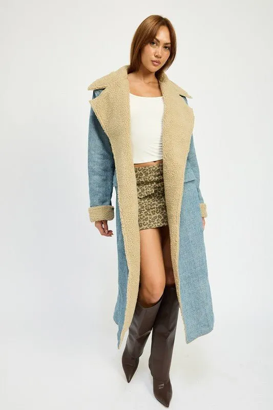 Faux Shearling Denim Coat