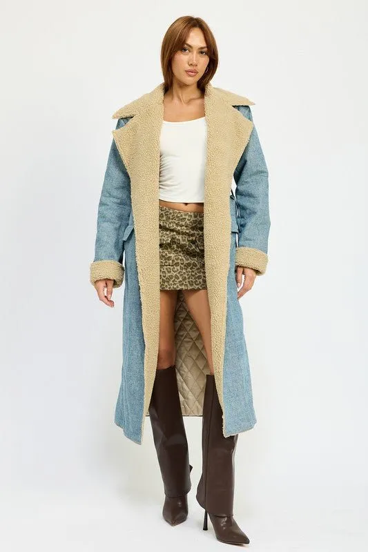 Faux Shearling Denim Coat