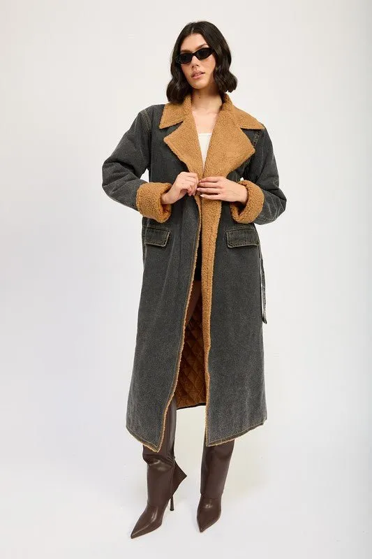 Faux Shearling Denim Coat