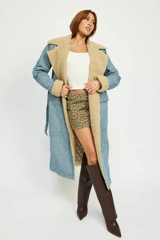 Faux Shearling Denim Coat