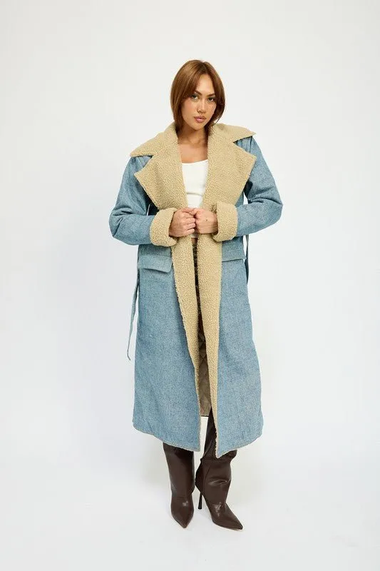 Faux Shearling Denim Coat