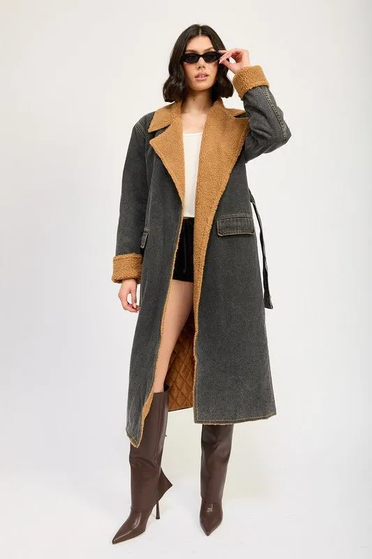 Faux Shearling Denim Coat