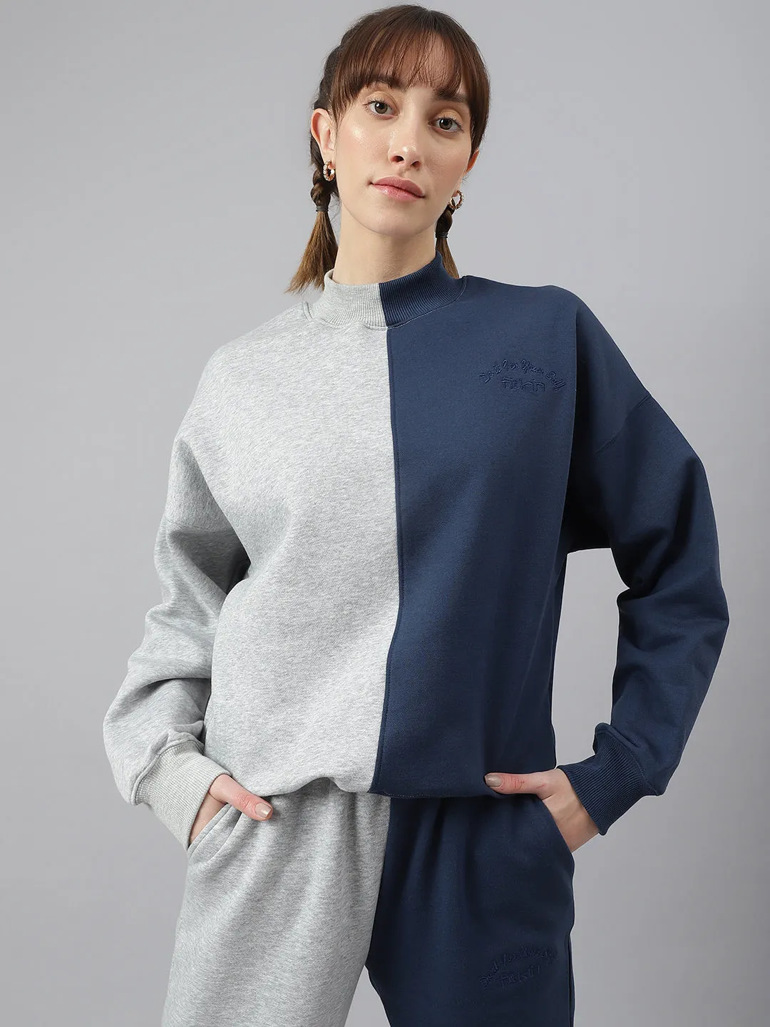 Fitkin Women Colourblocked Grey Blue Sweatshirt