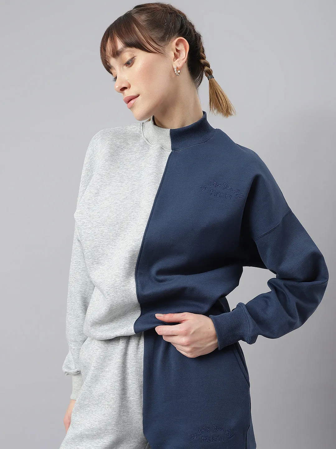 Fitkin Women Colourblocked Grey Blue Sweatshirt