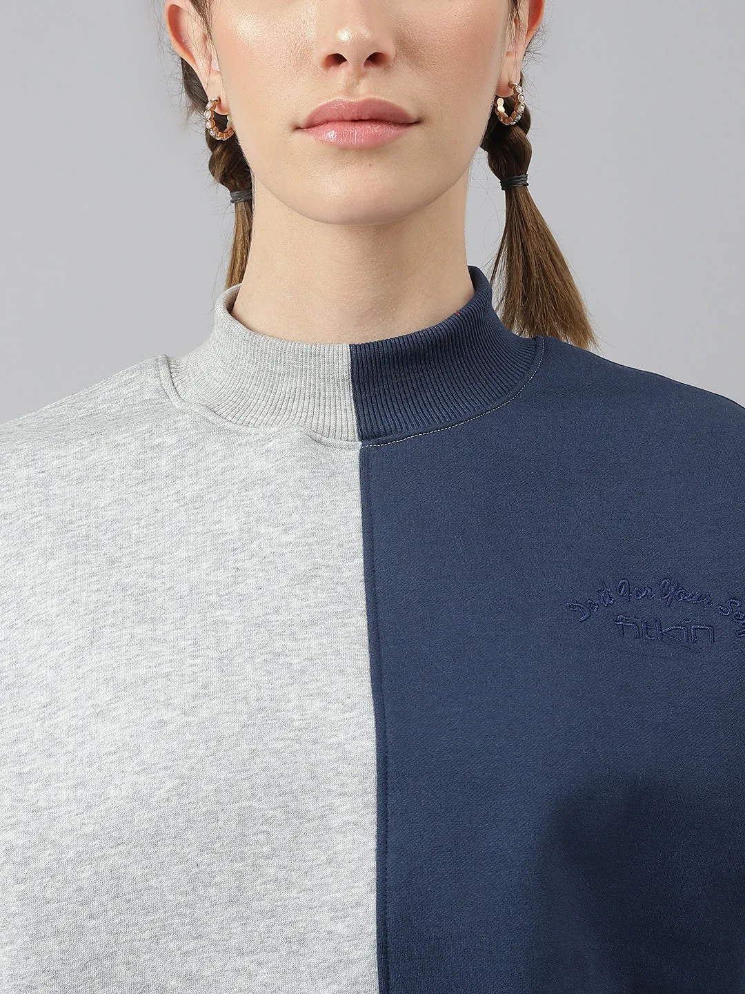 Fitkin Women Colourblocked Grey Blue Sweatshirt