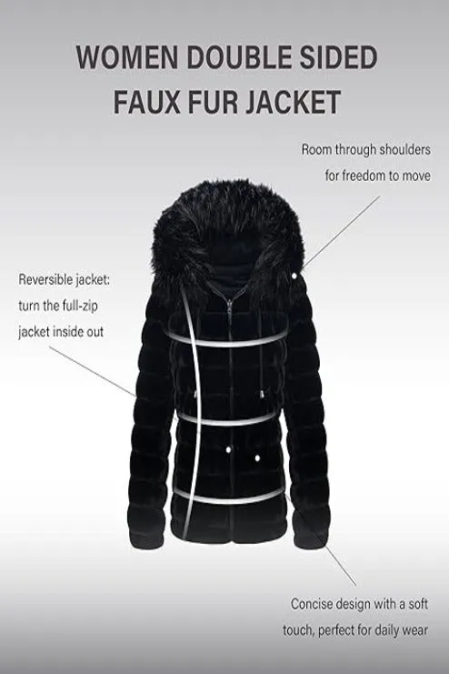 Giolshon Women Double Sided Faux Fur Jacket Reversible Hood Puffer Coat with Fur Collar