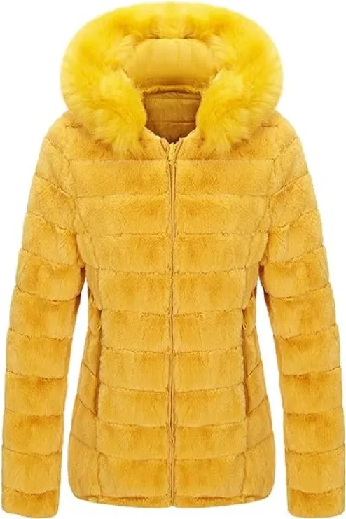 Giolshon Women Double Sided Faux Fur Jacket Reversible Hood Puffer Coat with Fur Collar