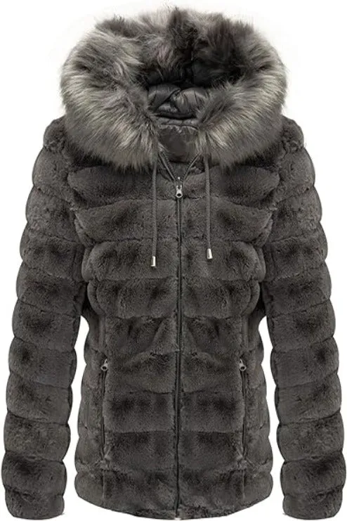 Giolshon Women Double Sided Faux Fur Jacket Reversible Hood Puffer Coat with Fur Collar