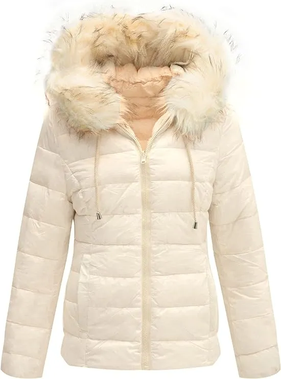 Giolshon Women Double Sided Faux Fur Jacket Reversible Hood Puffer Coat with Fur Collar