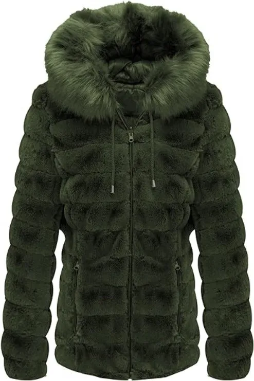 Giolshon Women Double Sided Faux Fur Jacket Reversible Hood Puffer Coat with Fur Collar