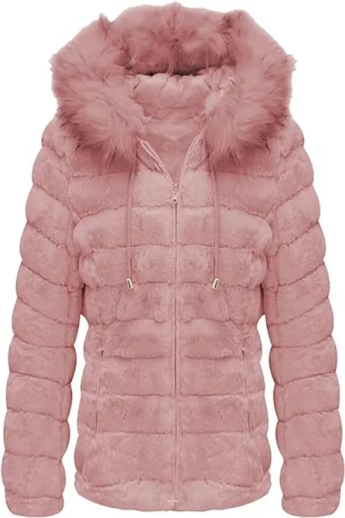 Giolshon Women Double Sided Faux Fur Jacket Reversible Hood Puffer Coat with Fur Collar