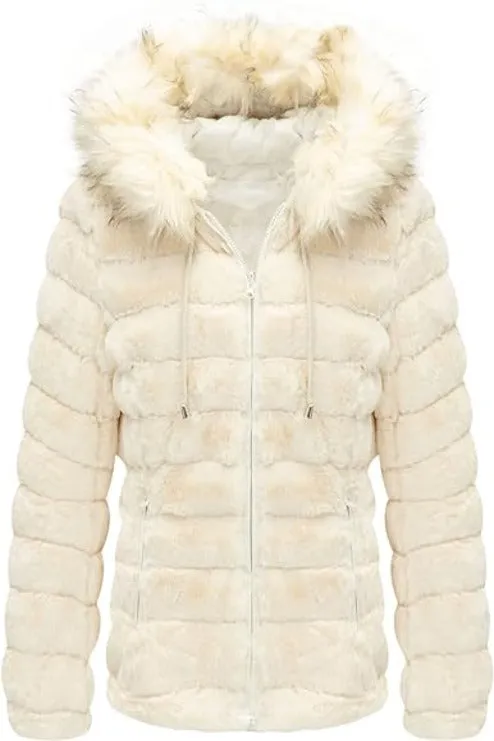 Giolshon Women Double Sided Faux Fur Jacket Reversible Hood Puffer Coat with Fur Collar