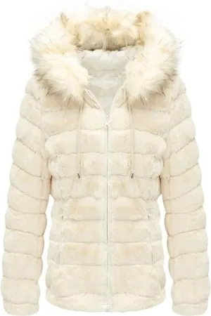 Giolshon Women Double Sided Faux Fur Jacket Reversible Hood Puffer Coat with Fur Collar