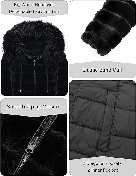 Giolshon Women Double Sided Faux Fur Jacket Reversible Hood Puffer Coat with Fur Collar