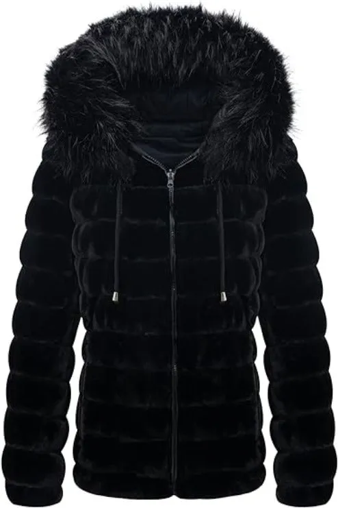 Giolshon Women Double Sided Faux Fur Jacket Reversible Hood Puffer Coat with Fur Collar