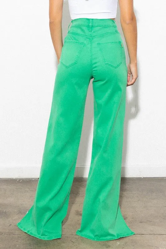 Green Front Slit Wide Leg Tencel Pants