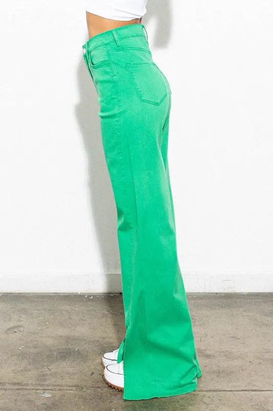 Green Front Slit Wide Leg Tencel Pants