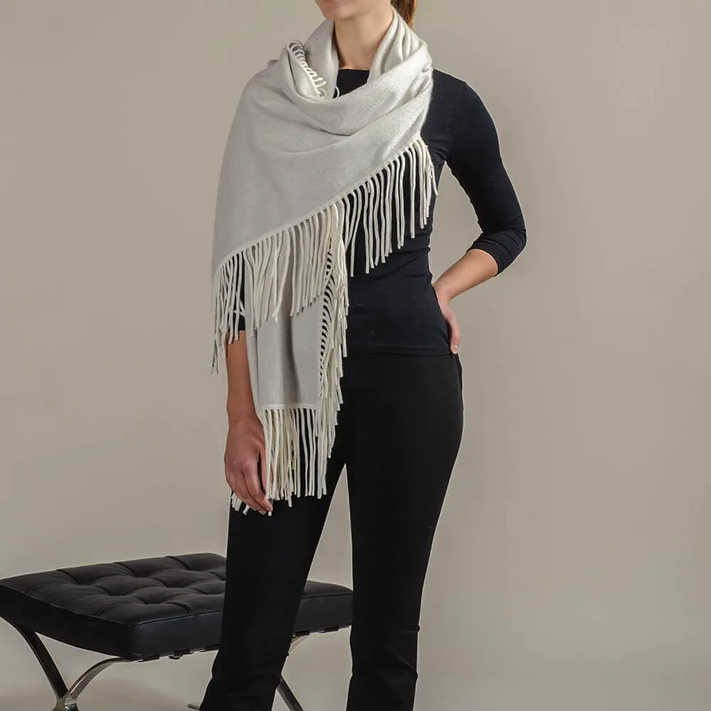 Grey and Vanilla Fringed Cashmere Shawl