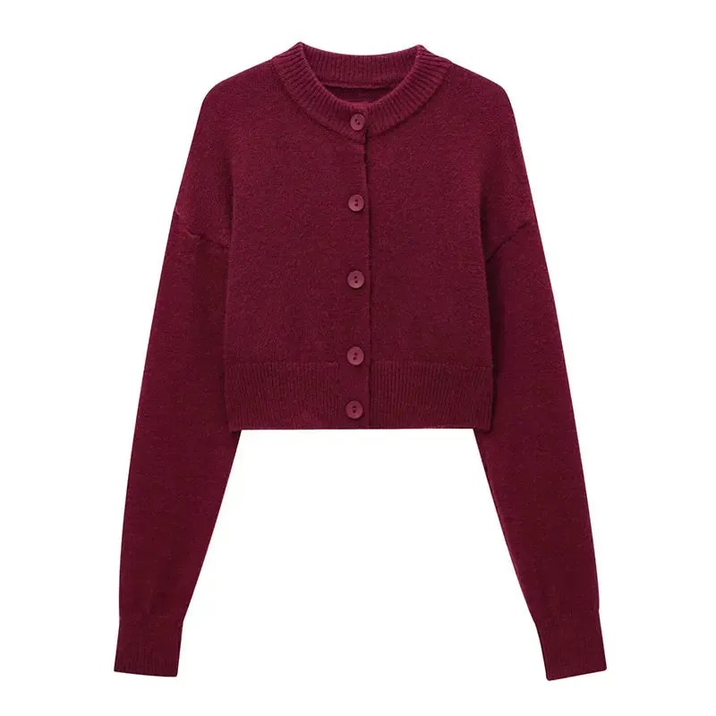 High Neck Sweater Crop Buttoned Cardigan for Women